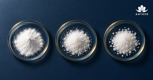 Three glass dishes of white powder representing piroctone olamine, ketoconazole and climbazole